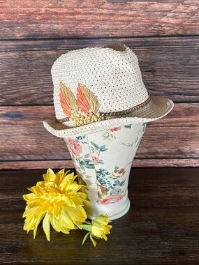 Eugenia Kim Woven Straw Fedora Hat with Coral and Tan Straw Feather Accent